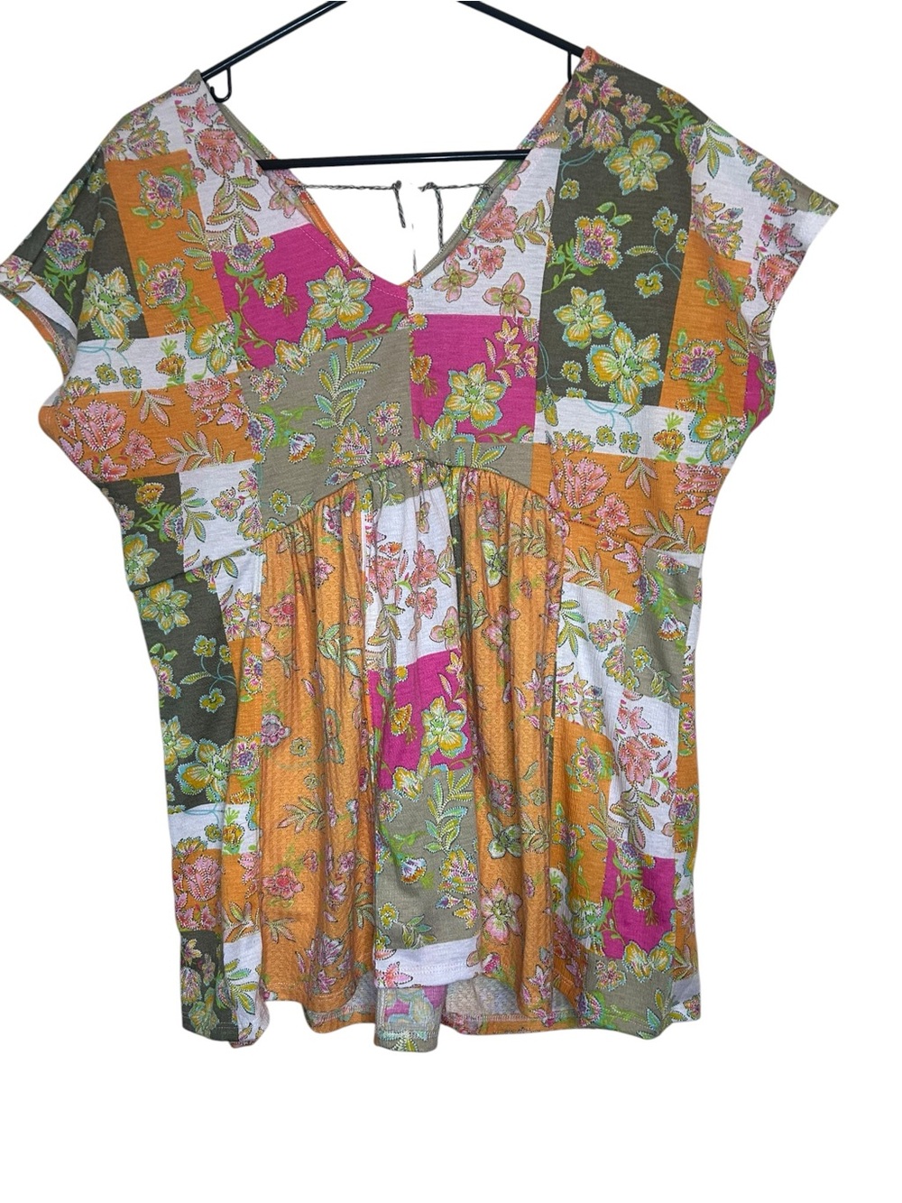 Cato Floral Patchwork V-Neck Top in Orange, Green, Pink, White